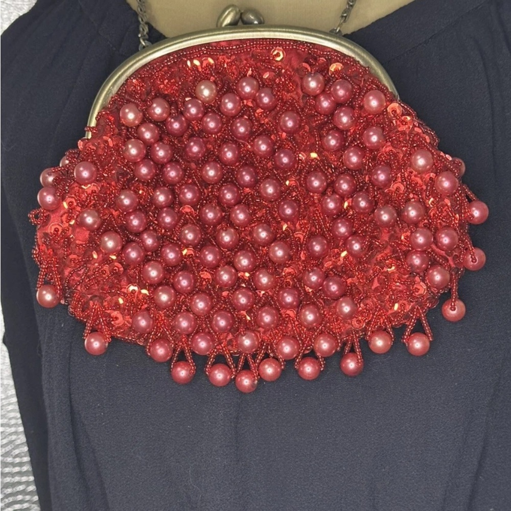 Red and Bronze Tone Dangle Bead Clutch with Shoulder Strap